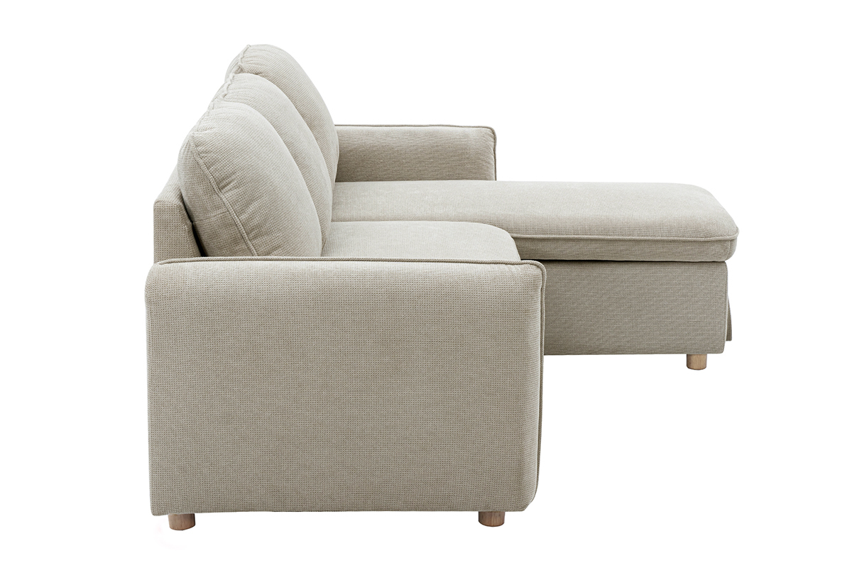 Ecksofa mit umkehrbarer Schlaffunktion und Stauraum, 3-Sitzer in strukturiertem Samt-Optik Stoff beige und hellem Holz ORSO