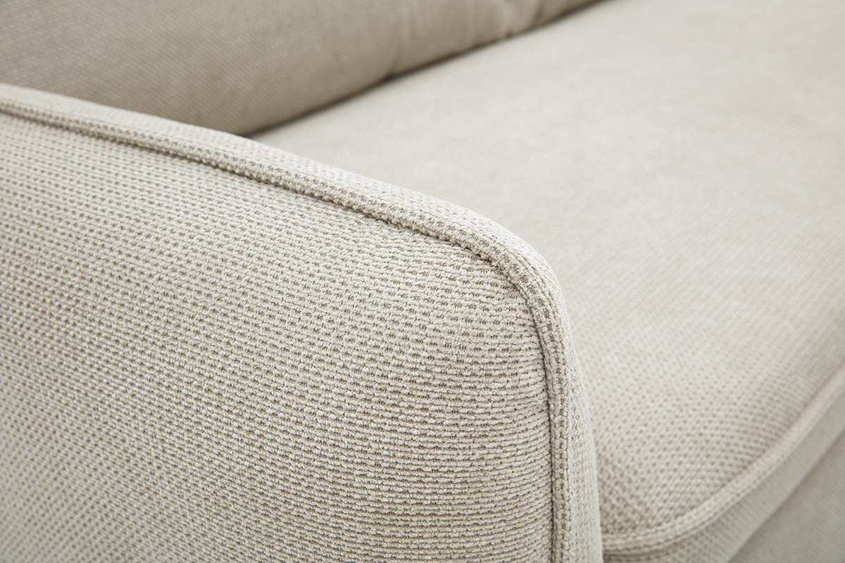 Ecksofa mit umkehrbarer Schlaffunktion und Stauraum, 3-Sitzer in strukturiertem Samt-Optik Stoff beige und hellem Holz ORSO