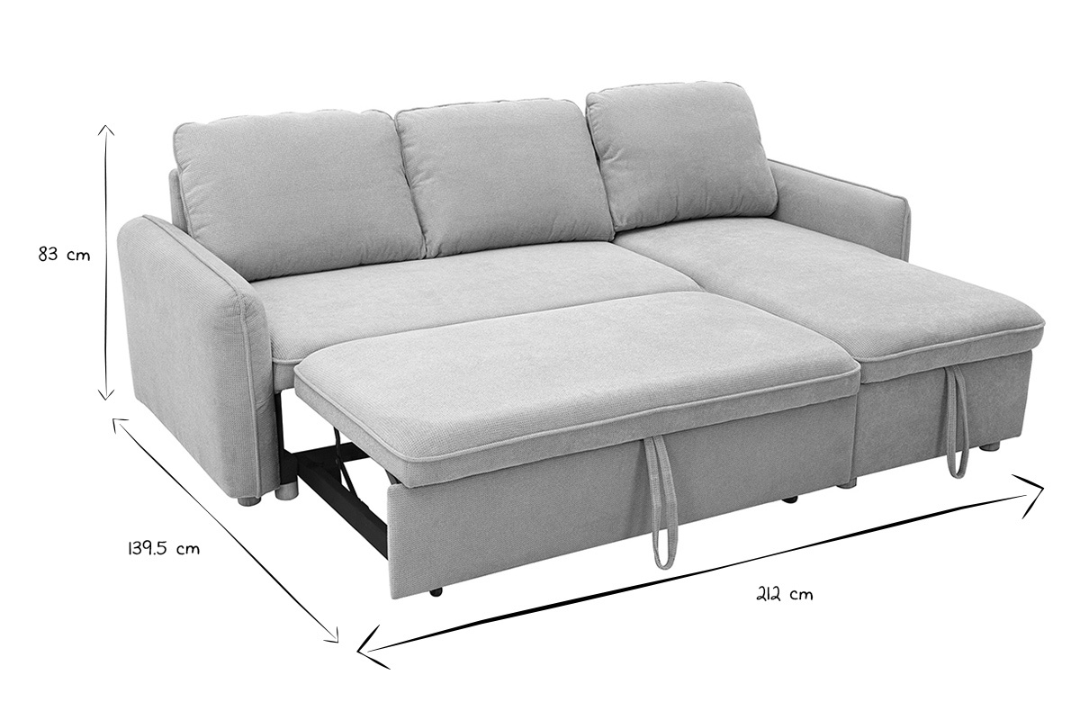 Ecksofa mit umkehrbarer Schlaffunktion und Stauraum, 3-Sitzer in strukturiertem Samt-Optik Stoff beige und hellem Holz ORSO