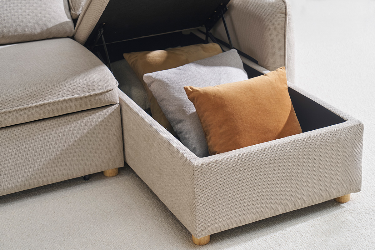 Ecksofa mit umkehrbarer Schlaffunktion und Stauraum, 3-Sitzer in strukturiertem Samt-Optik Stoff beige und hellem Holz ORSO