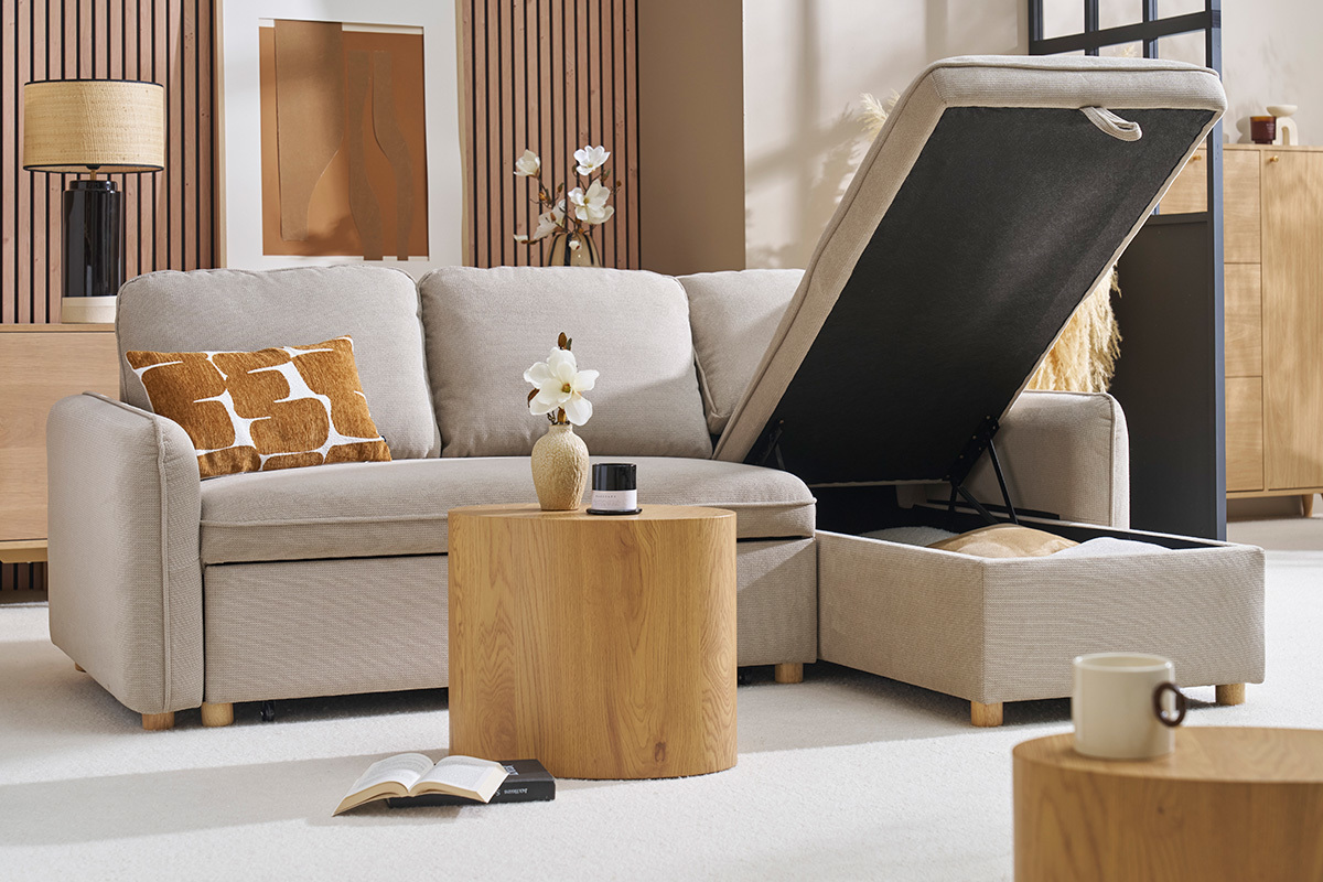 Ecksofa mit umkehrbarer Schlaffunktion und Stauraum, 3-Sitzer in strukturiertem Samt-Optik Stoff beige und hellem Holz ORSO