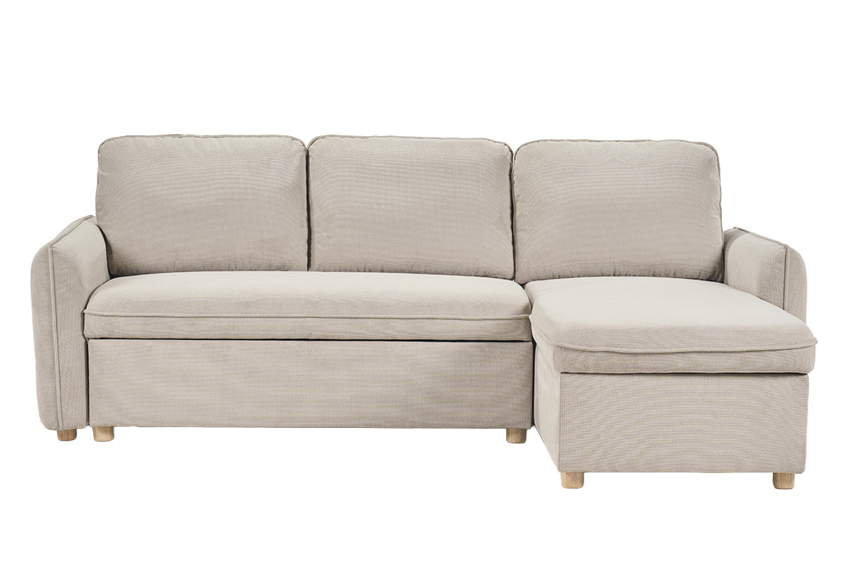 Beiges, umwandelbares Ecksofa ORSO, Frontansicht, dreisitzig, mit hellen Holzbeinen.