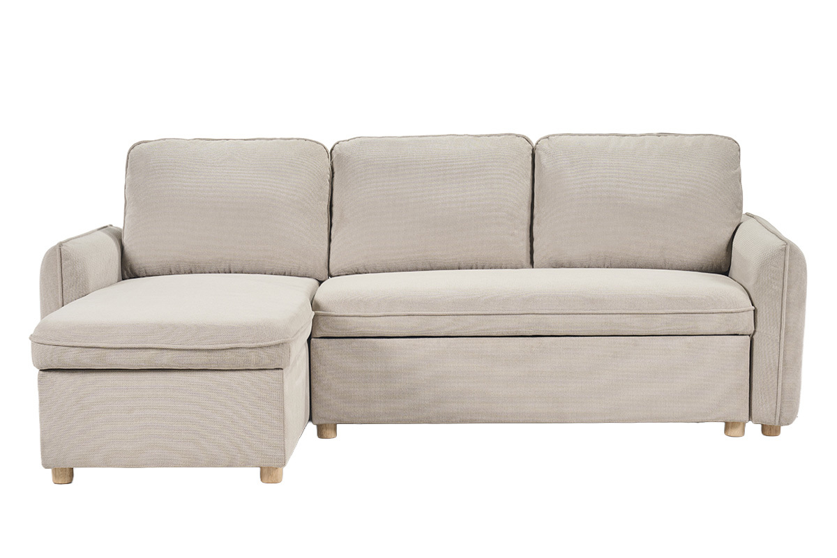 ORSO Ecksofa Beige in Chenille-Gewebe, umwandelbar, mit Stauraum und hellen Holzbeinen, Frontansicht.