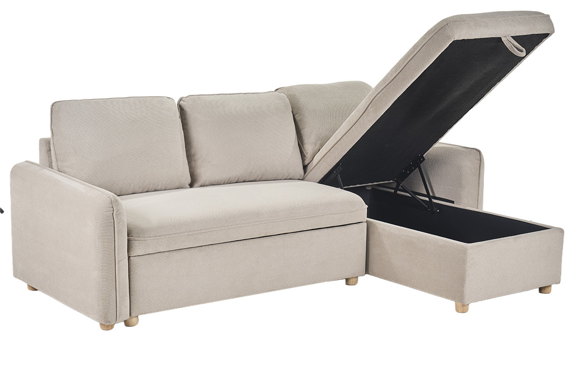 Beige Schlafsofa mit Bettkasten und hellen Holzbeinen.