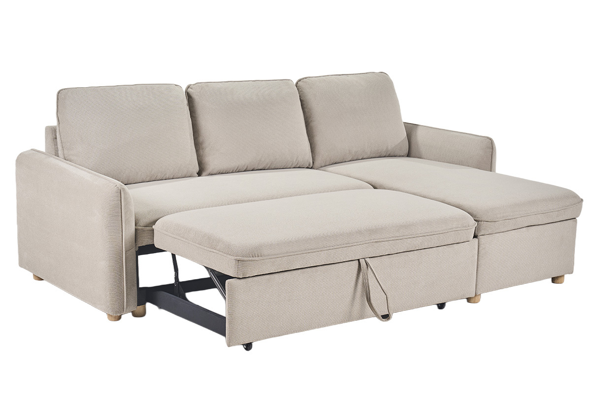 Beige Ecksofa mit Schlaffunktion f�r 3 Personen mit Stauraum, Chenille-Stoff, helles Holz, 3/4 Ansicht.