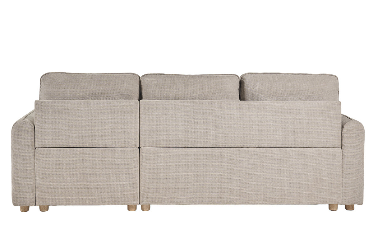 ORSO Ecksofa in Beige von hinten gesehen, 3-Sitzer mit hellen Holzf��en.