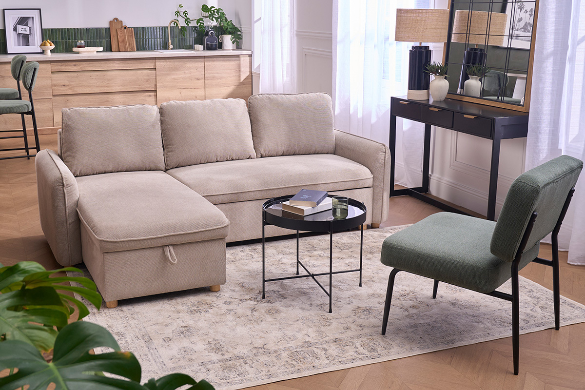 Ecksofa mit umkehrbarer Schlaffunktion und Stauraum, 3-Sitzer in strukturiertem Samt-Optik Stoff beige und hellem Holz ORSO