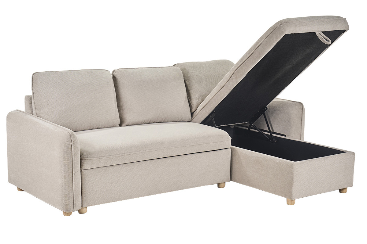 Ecksofa mit umkehrbarer Schlaffunktion und Stauraum, 3-Sitzer in strukturiertem Samt-Optik Stoff beige und hellem Holz ORSO