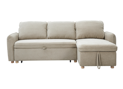 Ecksofa mit umkehrbarer Schlaffunktion und Stauraum, 3-Sitzer in strukturiertem Samt-Optik Stoff beige und hellem Holz ORSO