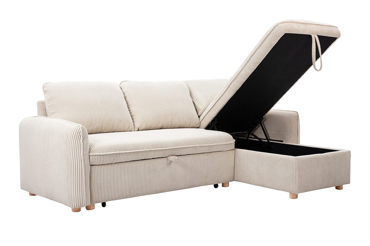 Ecksofa Schlafsofa beige ORSO, mit geffnetem Stauraum, Ansicht von 3/4.