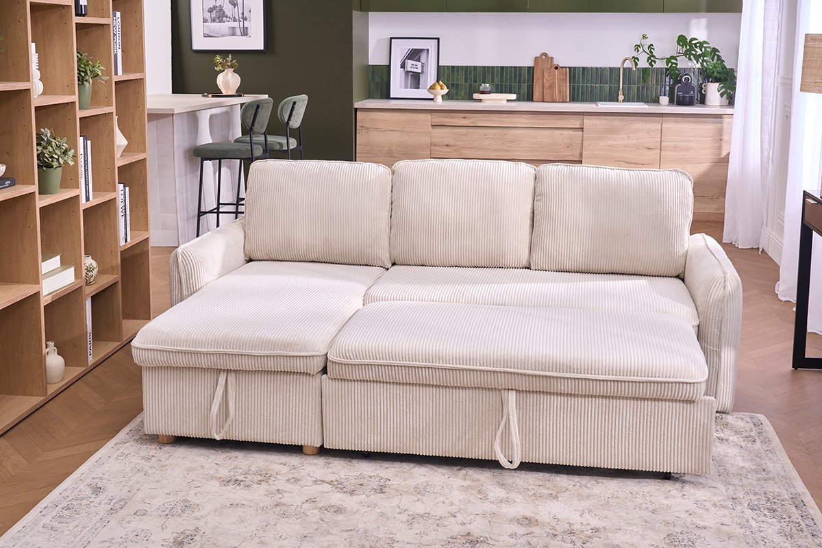 Ecksofa mit umkehrbarer Schlaffunktion und Stauraum f�r 3 Personen aus beigem Cordstoff und hellem Holz ORSO