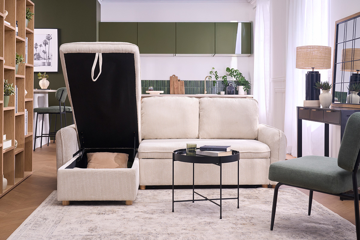 Ecksofa mit umkehrbarer Schlaffunktion und Stauraum f�r 3 Personen aus beigem Cordstoff und hellem Holz ORSO