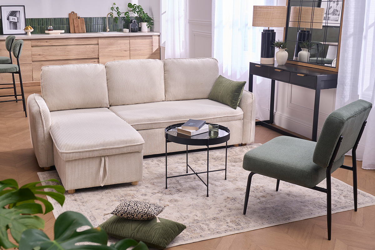 Ecksofa mit umkehrbarer Schlaffunktion und Stauraum f�r 3 Personen aus beigem Cordstoff und hellem Holz ORSO