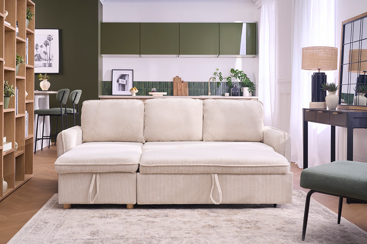 Ecksofa mit umkehrbarer Schlaffunktion und Stauraum f�r 3 Personen aus beigem Cordstoff und hellem Holz ORSO