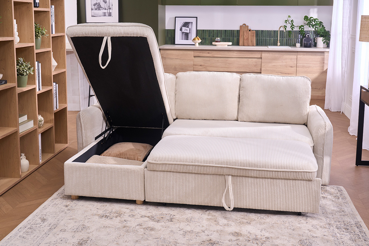 Ecksofa mit umkehrbarer Schlaffunktion und Stauraum f�r 3 Personen aus beigem Cordstoff und hellem Holz ORSO