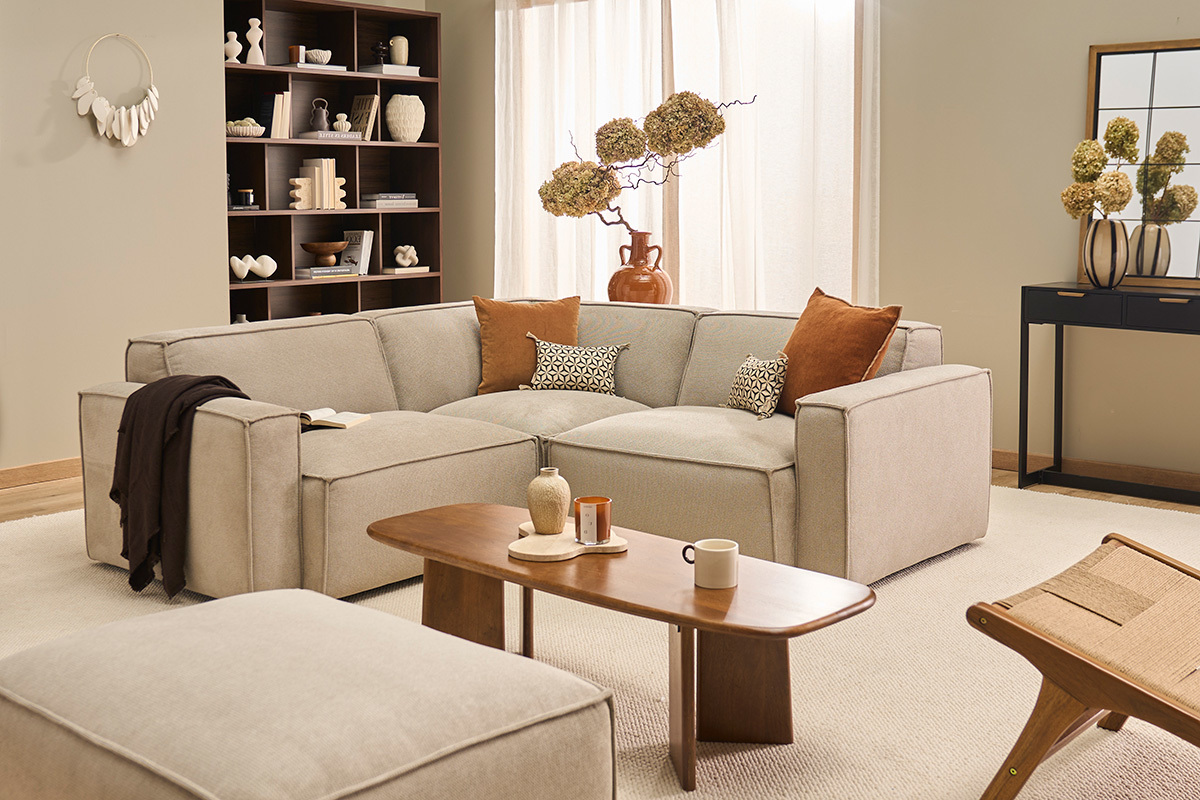 Ecksofa modulierbar 3 Pl�tze in Stoff mit strukturiertem Beige Samteffekt SPLIT