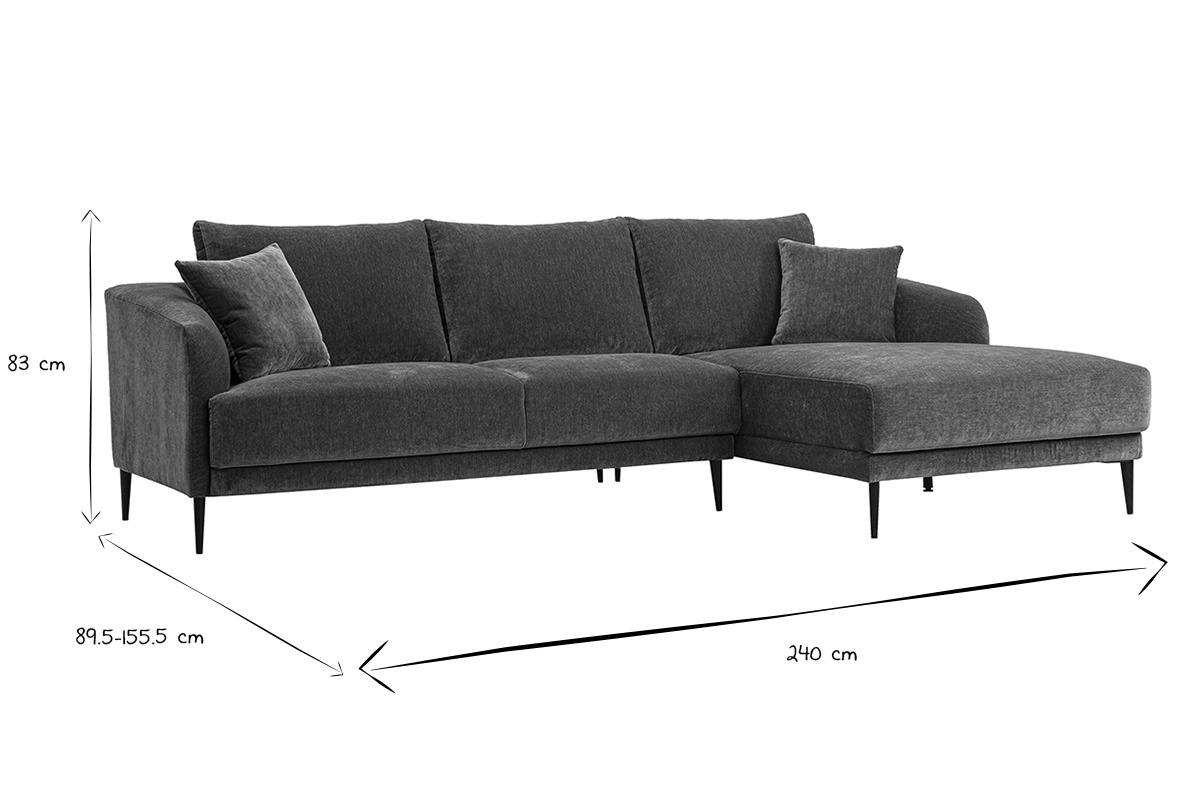 Abmessungen des rechten Ecksofas JERRY in Schwarz und Wei�: L240 x T89.5-155.5 x H83 cm.