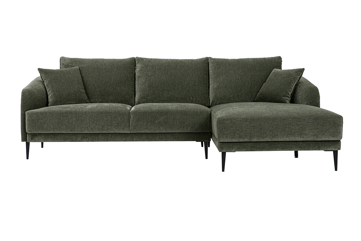 Rechtes Ecksofa mit 3 Sitzpl�tzen aus Stoff in strukturierter Samtoptik, khakigr�n, mit Armlehnen und Kissen