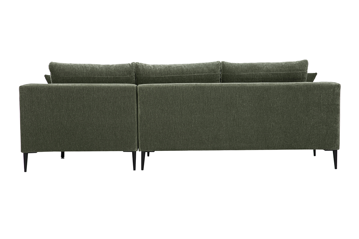 Rechtsseitiges 3-Sitzer-Ecksofa aus strukturiertem Samtstoff in Khaki-Gr�n, R�ckansicht, Beine aus schwarzem Metall.
