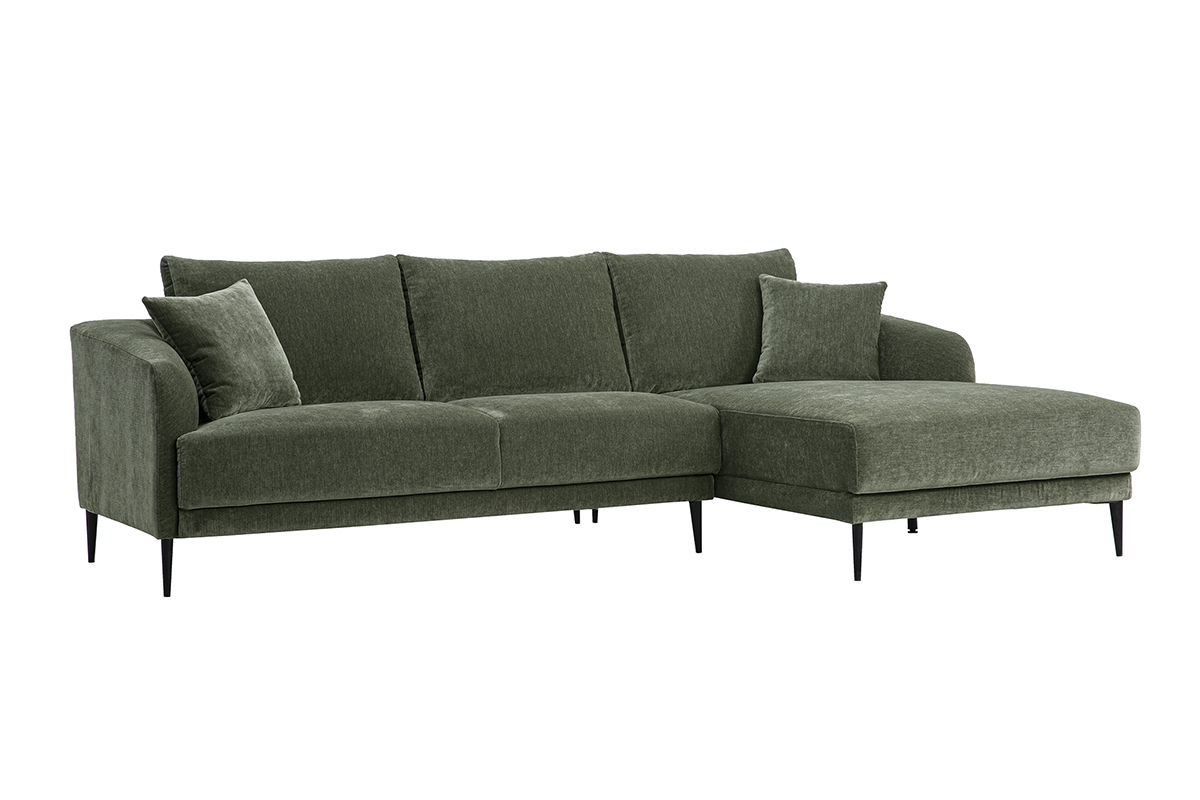 Rechtsseitiges 3-Sitzer-Ecksofa aus Stoff mit strukturierter Samtoptik, khakigr�n, 3/4-Ansicht.