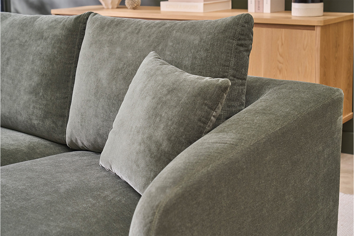 Ecksofa rechts 3-Sitzer aus Stoff mit strukturiertem Samteffekt in Kaki-Gr�n und schwarzem Metall JERRY