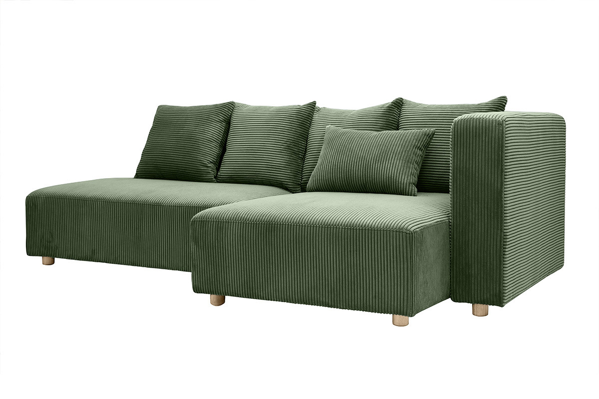 Ecksofa rechts 3-Sitzer in kaki grnem Cordstoff und hellem Holz HARLEM