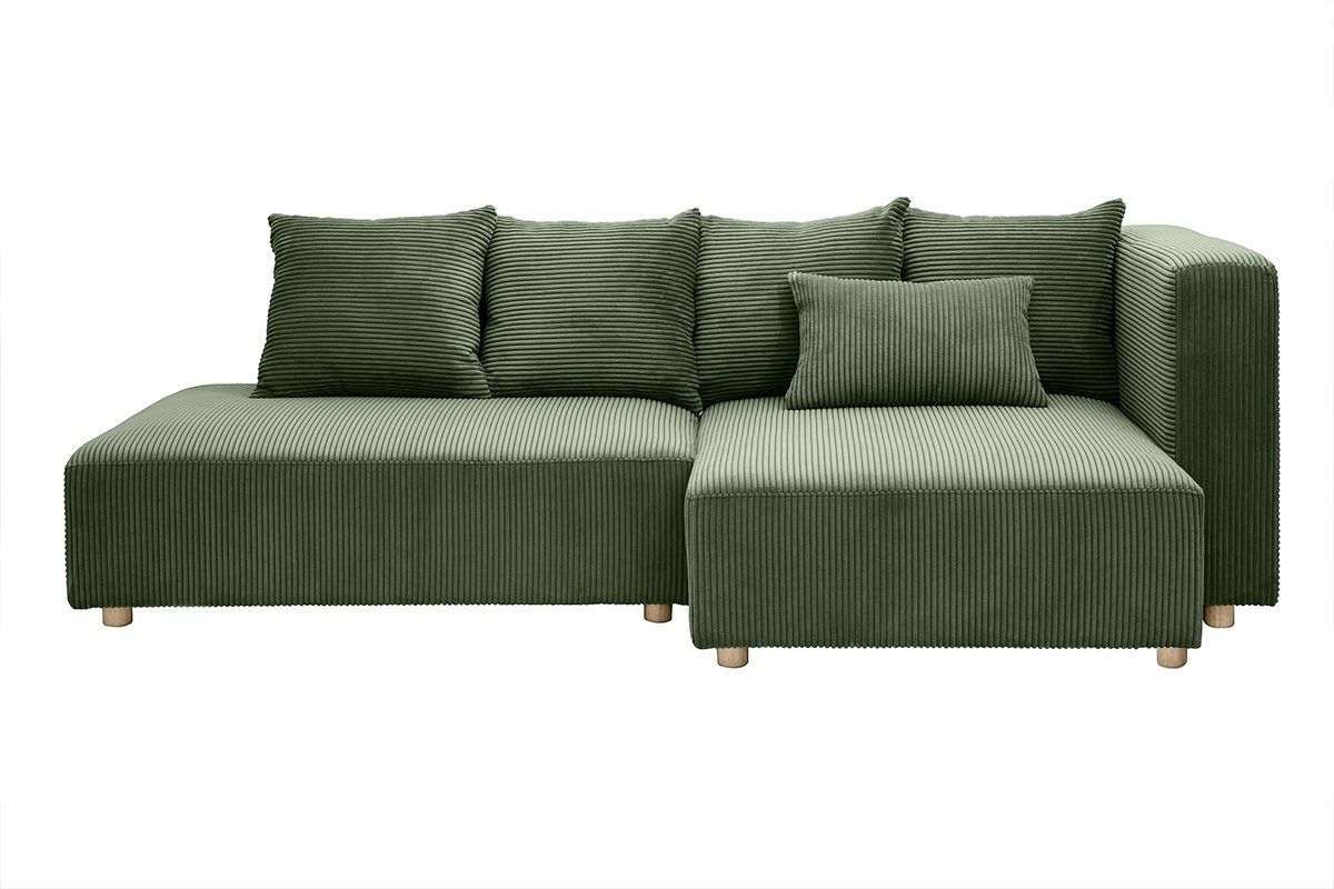 Ecksofa rechts 3-Sitzer in kaki grnem Cordstoff und hellem Holz HARLEM