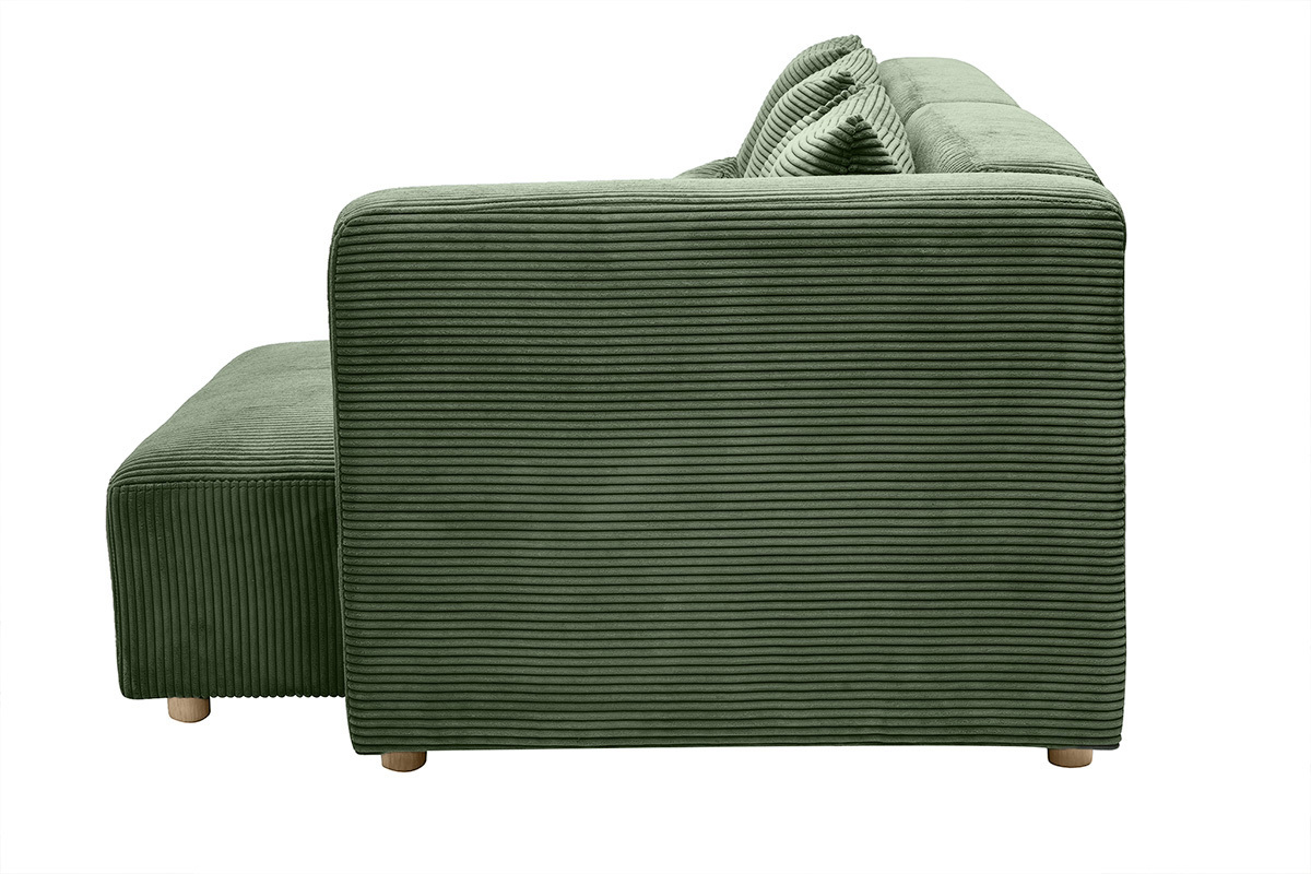 Ecksofa rechts 3-Sitzer in kaki grnem Cordstoff und hellem Holz HARLEM