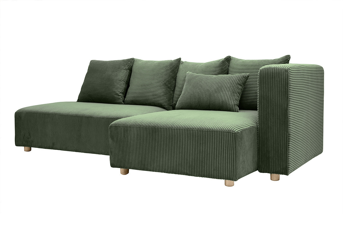 Ecksofa rechts 3-Sitzer in kaki grnem Cordstoff und hellem Holz HARLEM