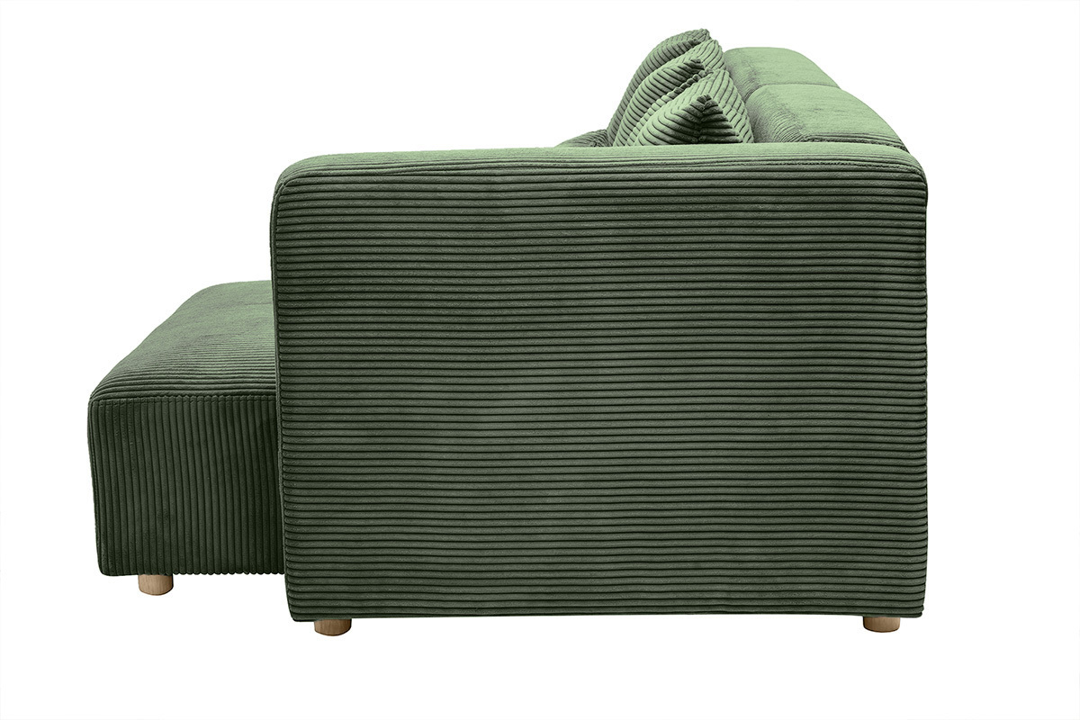 Ecksofa rechts 3-Sitzer in kaki grnem Cordstoff und hellem Holz HARLEM