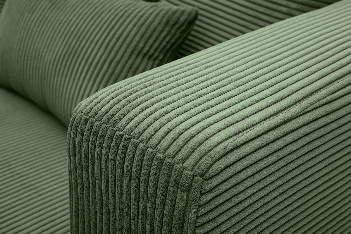 Ecksofa rechts 3-Sitzer in kaki grnem Cordstoff und hellem Holz HARLEM