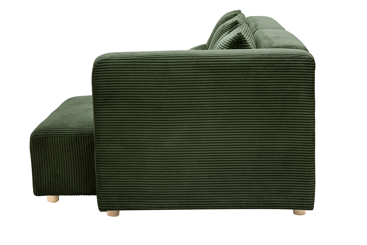 Ecksofa rechts 3-Sitzer in kaki grnem Cordstoff und hellem Holz HARLEM