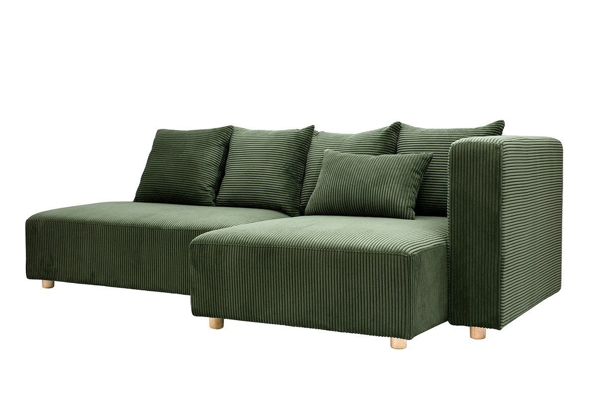 Ecksofa rechts 3-Sitzer in kaki grnem Cordstoff und hellem Holz HARLEM