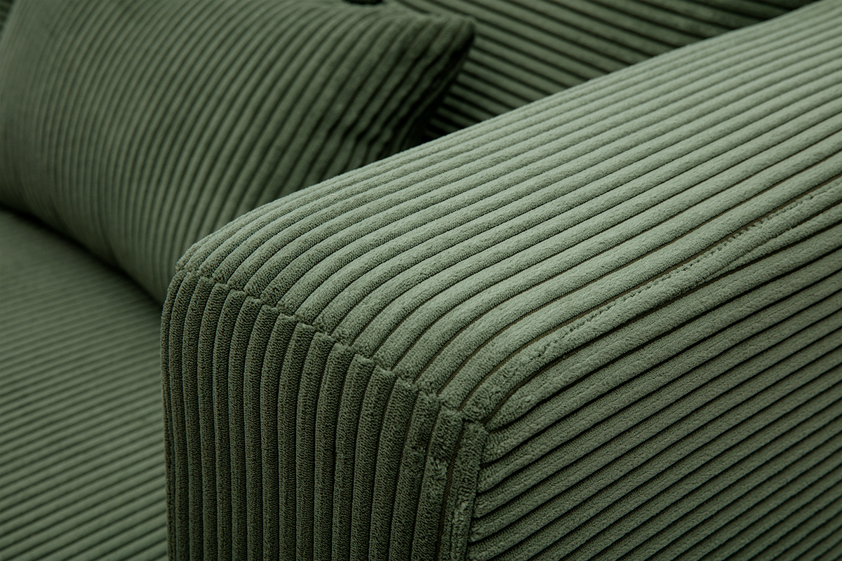 Ecksofa rechts 3-Sitzer in kaki grnem Cordstoff und hellem Holz HARLEM