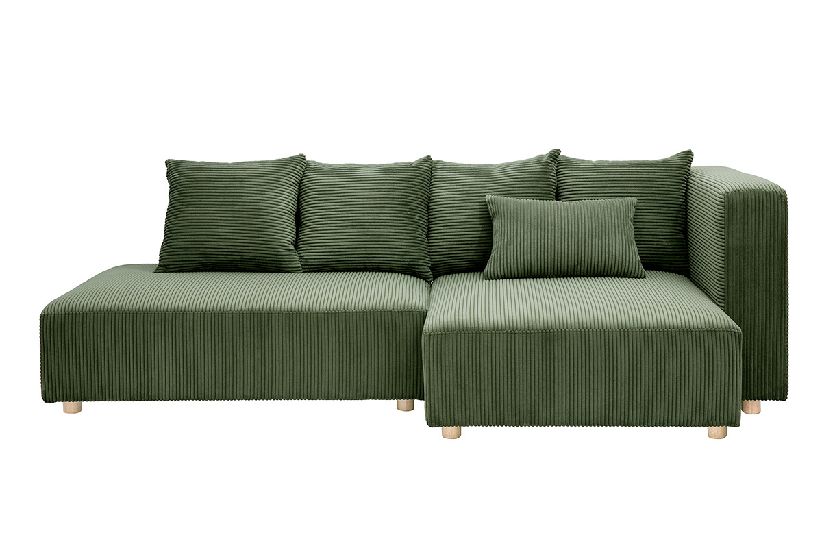 Ecksofa rechts 3-Sitzer in kaki grnem Cordstoff und hellem Holz HARLEM