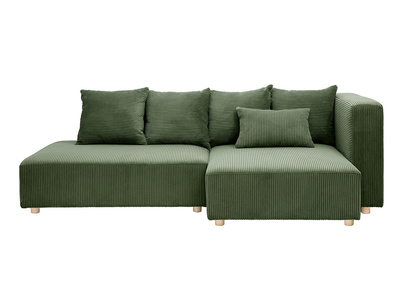 Ecksofa rechts 3-Sitzer in kaki grünem Cordstoff und hellem Holz HARLEM