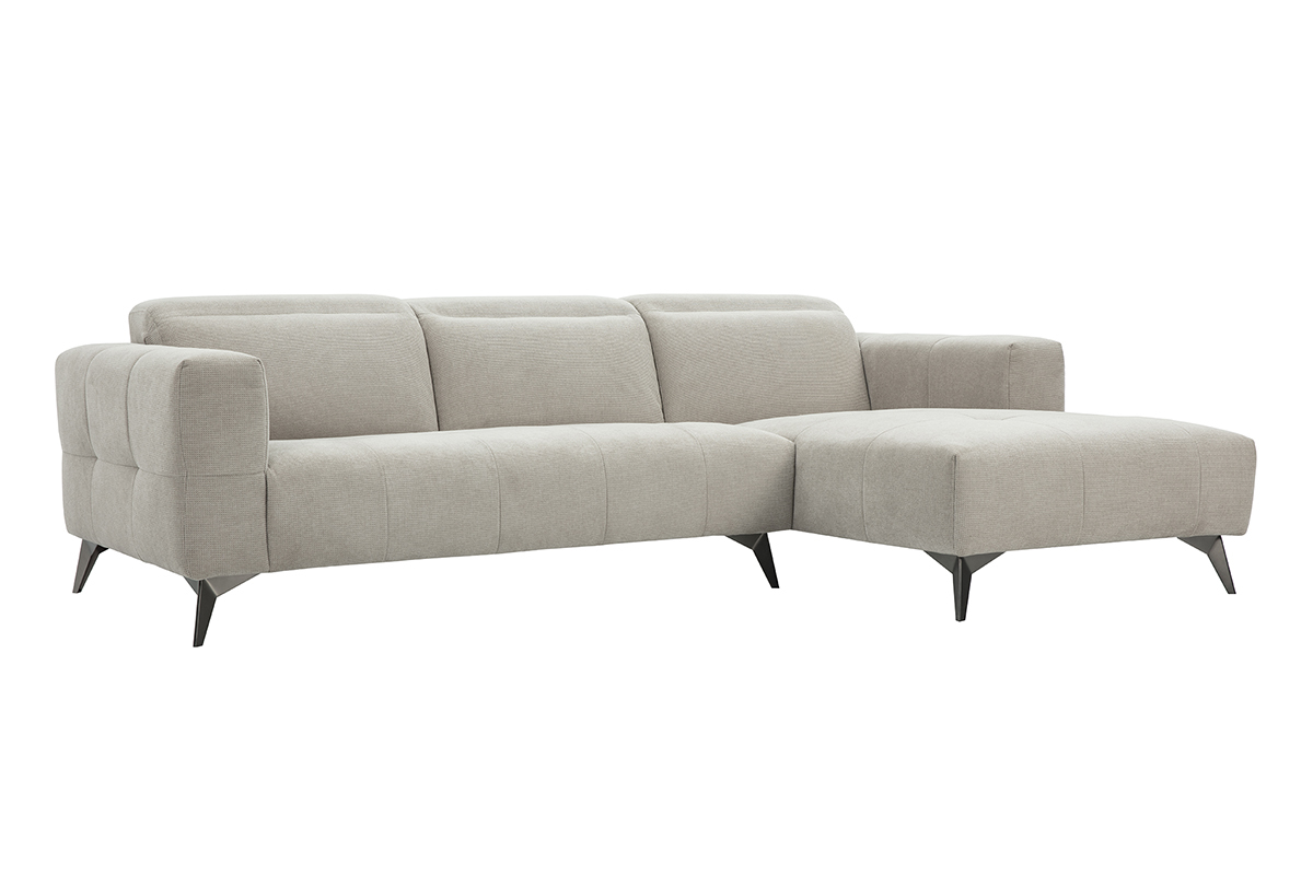 Beige Ecksofa rechts 3-Sitzer mit verstellbaren Kopfst�tzen, Metallf��en, Dreiviertelansicht.