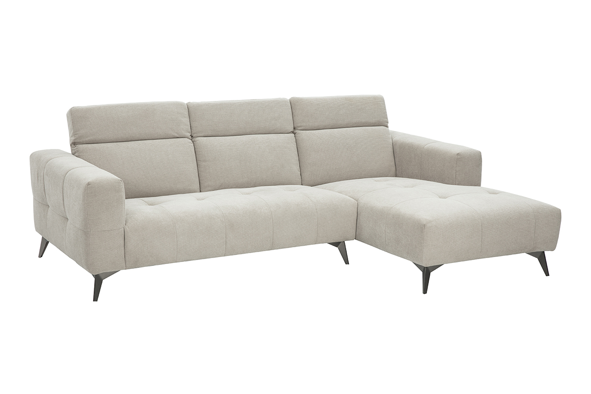 Beiges Ecksofa rechts in Chenille-Stoff mit verstellbaren Kopfst�tzen, Metallf��en, Ansicht von 3/4.