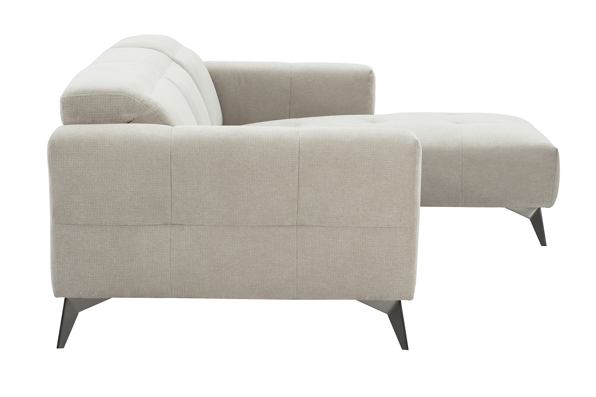 Beiges Ecksofa rechts, Chenille-Stoff und Metallf��e, Seitenansicht.