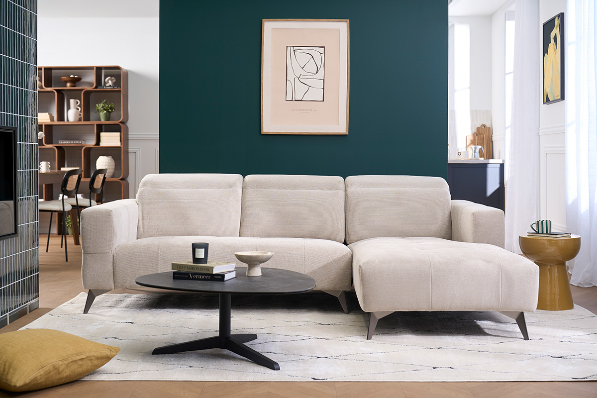 Ecksofa rechts 3-Sitzer mit verstellbaren Kopfst�tzen aus Chenille-Stoff beige und Metall L236.5 cm NORELL