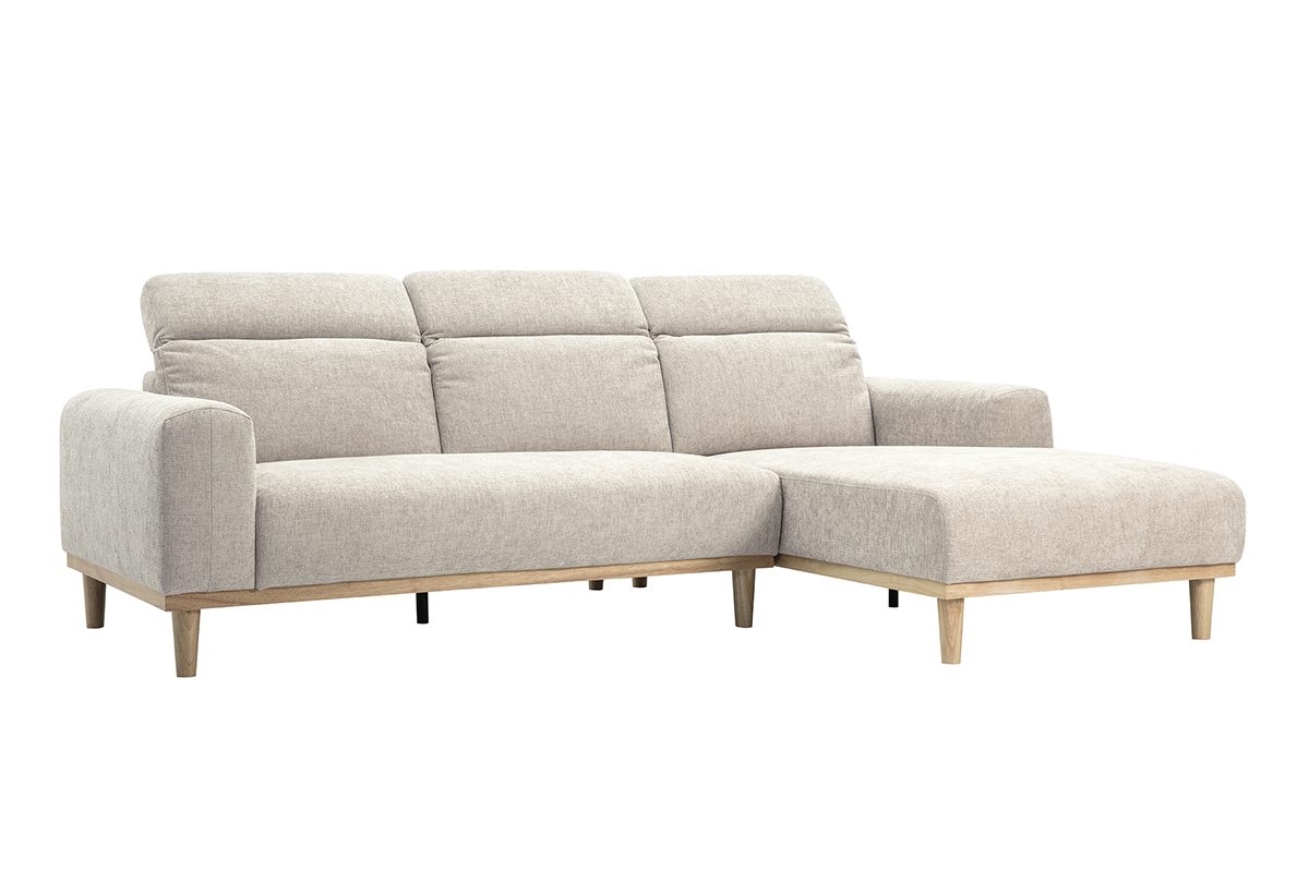 Beige Ecksofa mit 3 Sitzen und verstellbaren Kopfst�tzen.