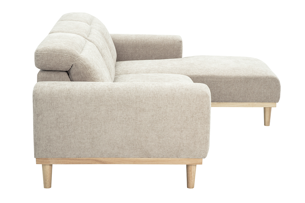 Beiges Ecksofa rechts in Stoff mit Samteffekt, Seitenansicht, F��e aus hellem Holz.