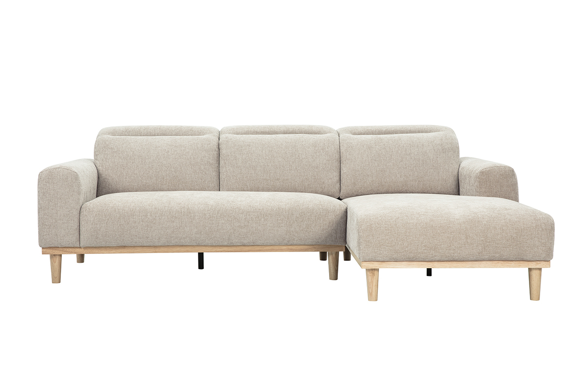 Beiges Ecksofa rechts in Samtoptik mit hellen Holzf��en, Frontansicht.