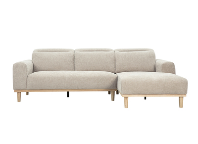 Ecksofa rechts 3-Sitzer mit verstellbaren Kopfst&uuml;tzen in beige samtartigem strukturiertem Stoff und hellem Holz HORACIO