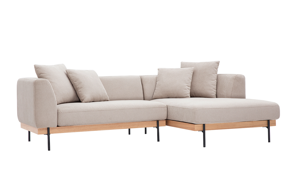 Ecksofa rechts 4-Sitzer aus beigem Stoff und schwarzem Metall, Ansicht von 3/4.