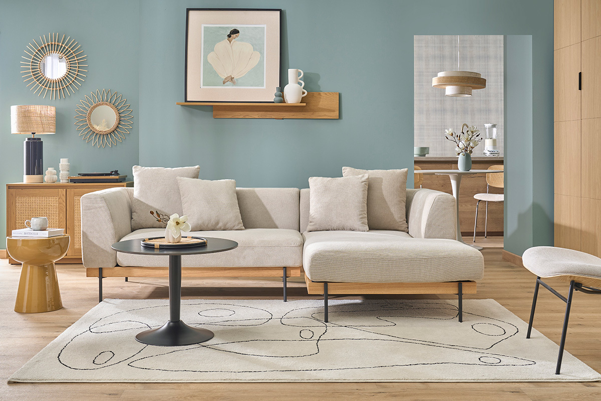Ecksofa rechts 4-Sitzer in beige Chenille-Stoff und schwarzem Metall IVAR