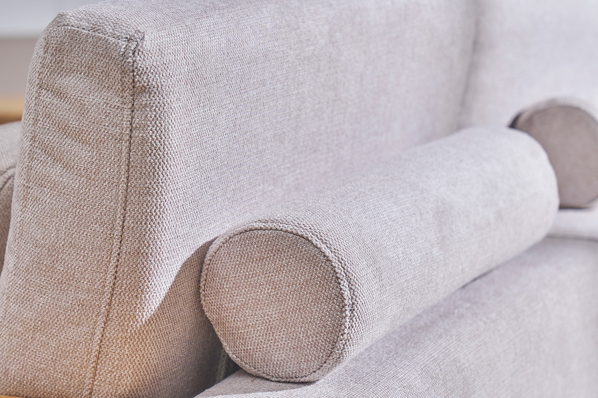 Ecksofa rechts 5-Sitzer mit Stauraum beiger Stoff mit strukturiertem Samteffekt und helles Holz KOMAO
