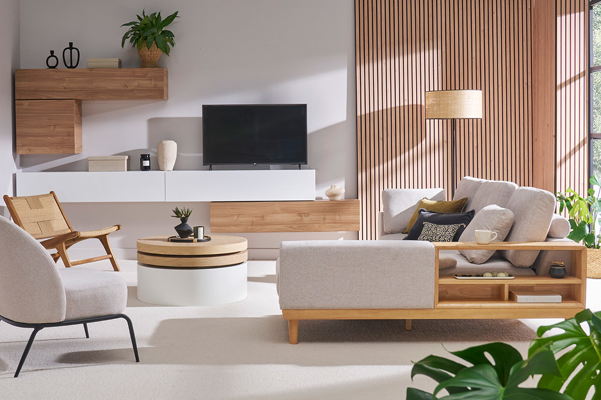 Ecksofa rechts 5-Sitzer mit Stauraum beiger Stoff mit strukturiertem Samteffekt und helles Holz KOMAO