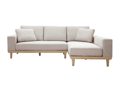 Ecksofa rechts 5-Sitzer mit Stauraum beiger Stoff mit strukturiertem Samteffekt und helles Holz KOMAO