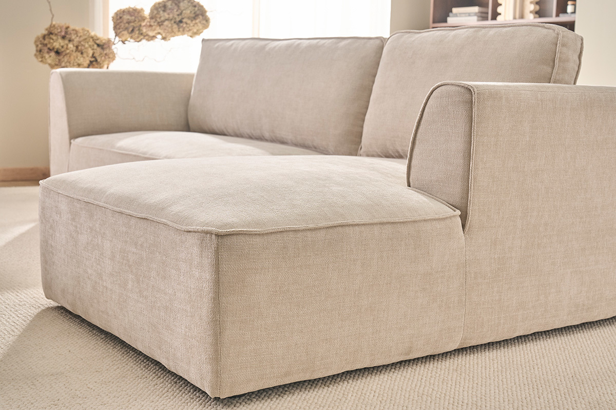 Ecksofa rechts Design in texturiertem Samt-Effekt Stoff beige 3-Sitzer GRAMMY